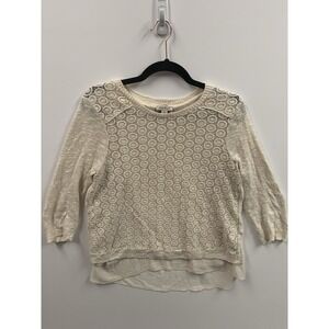 Lucky Brand‎ Women Sweater Medium Cream Boho Linen Blend Crochet Layered Blouse